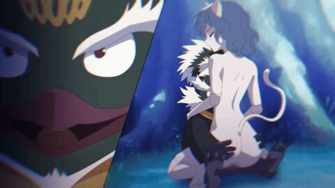 1boy 1girls 4_fingers animated artist_request ass back_view bigger_female cat_ears cat_girl cat_tail catgirl censored chimera_ant cowgirl_position doll_joints feet female flustered forest gif hands_on_ass hips hunter_x_hunter male naked neferpitou neko nekomimi on_model peggy_(hunter_x_hunter) penetration penguin pussy sex small_dom_big_sub smaller_male smug vaginal_penetration vhs_filter white_hair