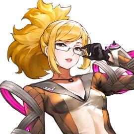 adjusting_glasses alexandra_(last_origin) bangs battle_suit battlesuit black_bra black_gloves blonde_hair bra_peek breasts color dress female female_focus female_only game_cg glasses gloves kakiman lace lace-trimmed_bra lace_trim last_origin lipstick long_hair looking_at_viewer necklace ponytail red_eyes red_lipstick slim slim_female small_breasts tight_clothing tight_dress transparent_background upper_body