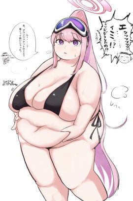 1boy 1girls 2024 bbw belly bikini blue_archive breasts dialogue doodle_sensei_(blue_archive) eimi_(blue_archive) eimi_(swimsuit)_(blue_archive) fat female female_focus goggles goggles_on_head halo high_resolution highres holding_belly huge_belly huge_breasts japanese_text kiyabatsu long_hair male millennium_science_school_student obese obese_female offscreen_character overweight overweight_female pink_hair plump ponytail purple_eyes sensei_(blue_archive) solo solo_focus speech_bubble super_phenomenon_task_force_(blue_archive) sweat sweatdrop sweating swimsuit text thick_thighs thighs