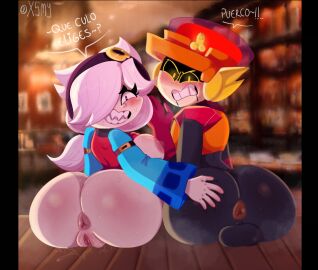 1boy 1girls 5_fingers angry_face anus ass ass_grab ass_on_table background balls big_anus big_ass big_breasts black_skin blush both_sexes_in_same_situation brawl_stars breasts bright_eyes bubble_ass cap colette_(brawl_stars) fangs female femboy gay giant_ass half_naked heart-shaped_pupils horse_tail lawrie_(brawl_stars) light-skinned_female light_skin lightning looking_at_viewer luminous_eyes male nipples penis pussy pussy_juice robot robot_boy shadow smile spanish_dialogue spanish_text steaming_body sweat sweaty_ass text vulva white_hair xsmy140