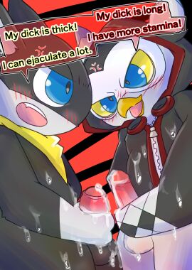 anthro avian balls beak bird black_body black_feathers black_fur blue_eyes blush bodily_fluids clothing competitive cross-popping_vein cum cum_on_body cum_on_clothing domestic_cat duo english_text erection feathers felid feline felis foreskin fur genital_fluids genitals hi_res humanoid_genitalia humanoid_penis kerchief lufel lufel_(persona) male male/male mammal mask masturbation morgana_(persona) owl penis persona_(series) persona_5 persona_5:_the_phantom_x suzuinu text tuxedo_cat uncircumcised white_body white_feathers white_fur yellow_beak yellow_sclera