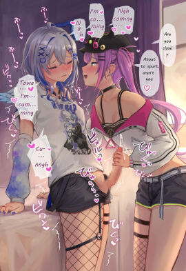 1futa 1girls ahoge amane_kanata angel_wings arm_support arm_warmers averting_eyes barbell_piercing baseball_cap bear_hair_ornament belt black_choker black_shorts blue_hair blue_halo blue_nails blue_wings blush breasts censored center-flap_bangs character_print chest_harness choker clothed clothing colored_inner_hair crop_top cropped_jacket cum cum_announcement cum_on_hand cumming_from_handjob dialogue duo ear_piercing ejaculation english_text erection exposed_penis fake_horns feathered_wings female fishnet_pantyhose fishnet_thighhighs fishnets futa_on_female futa_with_female futanari gradient_wings green_eyes grey_hair hair_between_eyes hair_ornament hairclip halo handjob harness hat highres hololive horned_headwear horns human indoors industrial_piercing intersex jacket leaning_back light-skinned_female light-skinned_futa light_skin long_hair looking_at_another looking_down medium_hair mini_wings moaning moaning_name mosaic_censoring mostly_clothed multicolored_hair multicolored_wings nail_polish o-ring o-ring_choker o-ring_harness o-ring_thigh_strap open_mouth orgasm penis piercing pink_hair pointy_ears print_shirt purple_eyes purple_hair roke_(taikodon) shirt short_hair short_shorts shorts sidelocks single_arm_warmer single_thighhigh small_breasts spike_piercing standing star_halo streaked_hair sunset t-shirt text thigh_strap thighhighs tokoyami_towa translated twintails twitching_penis virtual_youtuber wavy_hair white_belt white_jacket white_shirt white_wings wings x_hair_ornament