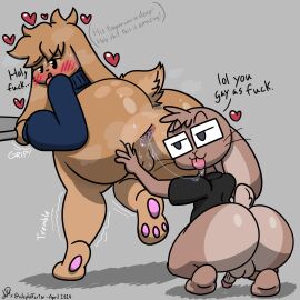 absurd_res ahe_gao anal anthro anus ass big_ass big_butt bodily_fluids bunzo_(vilepluff) clothing dialogue duo genitals hi_res humanoid lagomorph leporid looking_pleasured male male/male mammal musk musk_clouds oral rabbit randompersonguy rimming saliva saliva_string sex shaking spread_ass spread_butt spreading sweater topwear trembling