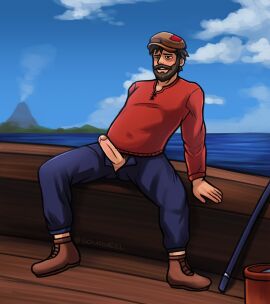 1boy 2021 bara beard blue_pants boat boots brown_hair clothed clothed_male clouds exposed_penis fishing gay hat leaning_back male male_only ocean ocean_background older_male open_mouth pants penis penis_out red_shirt shirt solo solo_male soupyeel stardew_valley thick_penis volcano willy_(stardew_valley) wooden_floor yaoi