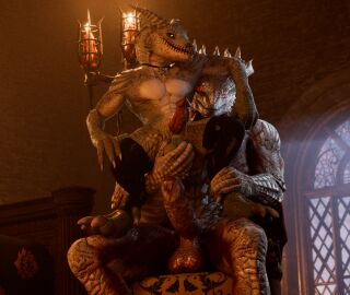 3d_(artwork) baldur's_gate baldur's_gate_3 balls bodily_fluids claws digital_media_(artwork) dragonborn_(dnd) dungeons_and_dragons erection genital_fluids genitals glans hasbro hi_res horn kobold larian_studios male male/male outofnecessity penis precum scalie the_dark_urge_(baldur's_gate) wizards_of_the_coast