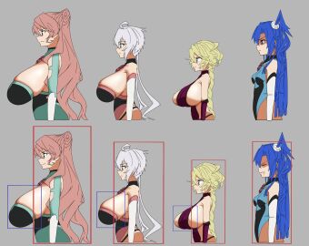4girls angry bare_shoulders barely_contained big_breasts blonde_hair blue_eyes bodysuit braid braided_ponytail breast_size_difference breasts breasts_bigger_than_head bursting_breasts busty carol_malus_dienheim closed_eyes female gigantic_breasts green_eyes grey_background height_difference hitbox huge_breasts kazanari_tsubasa large_breasts lavender_hair leotard long_hair maria_cadenzavna_eve pained_expression pink_eyes pink_hair senki_zesshou_symphogear shaded_face shin_deadball_iwata side_ponytail side_view sideboob simple_background small_breasts thick_thighs tied_hair twintails yukine_chris
