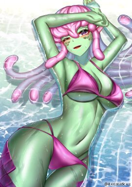 2d brain clothed green_skin monster monster_girl pink_hair pose scales smile swimsuit tentacle tentacle_hair two_piece_swimsuit water zurchonic