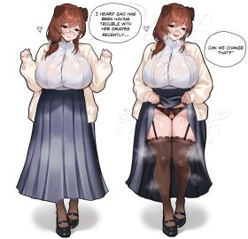 absurdres adramallih animal_ears black_eyes black_garter_straps black_panties black_shoes black_thighhighs blue_shirt body_freckles bra bra_visible_through_clothes breasts brown_hair buttons cardigan cleft_of_venus clothes_lift commentary crotchless crotchless_panties cute_fang dog_ears dog_girl double-parted_bangs english_commentary english_text female female_pubic_hair flashing freckles full_body garter_straps glasses hands_up heart heavy_breathing highres huge_breasts long_hair long_sleeves looking_at_viewer milf mole mole_under_mouth multiple_views open_cardigan open_clothes open_mouth original panties parted_lips pubic_hair pussy see-through_clothes see-through_shirt shirt shoes simple_background skirt skirt_lift smile speech_bubble standing steam steaming_body sweat talking text thigh_freckles thighhighs tight_clothes tight_shirt underwear white_background white_bra white_cardigan white_shirt