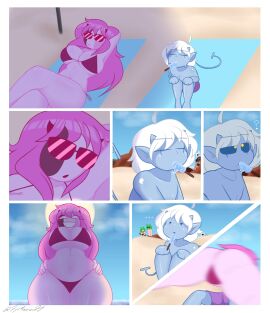 artist_name artist_signature background_characters background_sex beach beach_towel bikini comic_page commission commission_art couple couple_(romantic) deltarune demon demon_horns female friday_night_funkin friday_night_funkin_mod grey_hair imminent_sex imp imp_tail jevil_(deltarune) laying_on_ground light_blue_skin lunging married_couple mid-fight_masses mid_fight_masses more_at_source o_o pink_bikini pink_hair pink_skin popsicle pyromaniacdj sand sarvente_(dokki.doodlez) sitting smiling staring_at_partner succubus summer sunglasses taller_female yellow_eyes