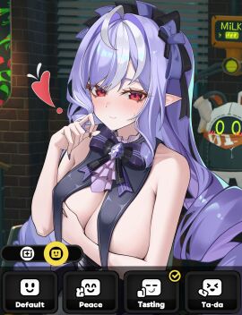 ! 1girls absurdres armpit_crease ascot black_bow black_bowtie black_collar black_nails blush bow bowtie breasts brick_wall closed_mouth collar commentary_request covering_nipples covering_privates eous_(zenless_zone_zero) female fingernails hairbow hand_up highres indoors large_breasts long_hair looking_at_viewer multicolored_hair nail_polish purple_ascot purple_bow purple_bowtie purple_hair red_eyes sidelocks smile solo streaked_hair sweat taboo_(selfmadeappler) very_long_hair vivian_(zenless_zone_zero) vivian_banshee zenless_zone_zero