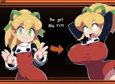 arms_up blonde_hair bouncing_breasts breast_expansion breast_growth breast_growth_(enlargement) breasts capcom female flat_chest green_eyes healerart hi_res hips looking_at_viewer mega_man mega_man_(classic) open_mouth ponytail robot robot_girl roll smile surprised sweatdrop text