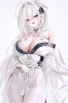 ahoge azur_lane bare_shoulders between_breasts blush breasts cg cleavage cowboy_shot female hair_between_eyes hair_intakes hair_ornament hakuhou_(azur_lane) japanese_clothes kimono large_breasts long_hair long_sleeves looking_at_viewer mask mask_on_head off_shoulder open_mouth pantyhose sash simple_background smile solo thighband_pantyhose very_long_hair white_background white_hair white_kimono white_pantyhose wide_sleeves yellow_eyes