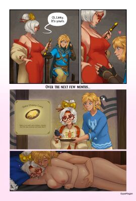 1boy 1girls 2d big_breasts blonde_hair blue_eyes breasts comic female glasses hand_on_belly human hylian link lying_on_bed male milf oppaimagpie pregnancy_test pregnant pregnant_female purah ready_to_pop sheikah tears_of_the_kingdom the_legend_of_zelda thick_thighs white_hair wholesome