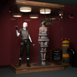 1girls 3d arms_at_sides asleep barefoot bound bound_arms bound_legs bound_neck breasts captured captured_heroine chloroform clothes_removed completely_nude defeated defeated_heroine display display_case english_text eyes_closed feet female forniphilia gas_mask helpless helpless_female human_furniture human_trophy immobile indoors legs_together living_statue living_trophy mannequin name_tag nipples nude nude_female oldmanjaay overhead_light permanent_bondage plaque pussy pussy_obscured rebecca_chambers resident_evil short_hair sign solo_female stasis_chamber stationary_restraints stripped stripped_naked suspension suspension_bondage text trophy_case unconscious