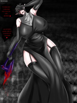 1girls big_breasts black_hair blood_on_face breasts curvy curvy_figure demon demon_girl female handwear looking_at_viewer mature_female milf norviainwza nun nun_outfit oc original original_character self_upload solo stockings yandere
