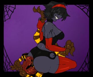 ass bee black_sclera cottt_(artist) domination facesitting female femboy femdom furry holding_legs large_ass looking_back male sharp_teeth smile smothering smothering_ass spider thighhighs