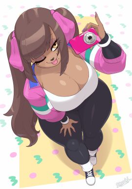 1girls anthro big_breasts blep breasts brown_body brown_hair camera canid canine cleavage clothing domestic_dog eyelashes female female_only hair_ribbon hi_res long_hair looking_at_viewer mole mole_on_breast mole_under_eye mole_under_mouth original original_character skecchiart smiling smiling_at_viewer solo solo_female thick_thighs twintails viewed_from_above wink winking_at_viewer yellow_eyes