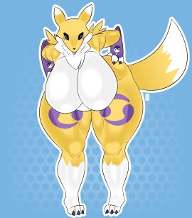 2020s 2024 2d 2d_(artwork) 3_fingers :p anthro anthro_female anthro_only anthrofied ass ass_visible_from_the_front belly bending_forward bending_over big_areola big_ass big_breasts big_thighs black_sclera blue_eyes breasts bridal_gauntlets child_bearing_hips claws cleavage digimon digimon_(species) featureless_breasts female fluffy_tail fur furry furry_female furry_only hi_res highres hips large_ass large_thighs lynnminx neck_tuft nude nude_female renamon simple_background solo solo_female solo_focus tail thick_thighs thighs tongue tongue_out white_fur wide_hips yellow_fur