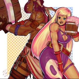 2girls b._jenet between_legs big_breasts blonde_hair boob_window busty busty_female cleavage clothes_pull clothing_cutout curvy curvy_female dark-skinned_female dark_skin darli_dagger dress gloves king_of_fighters king_of_fighters_xv light-skinned_female light_skin long_hair looking_at_viewer pale-skinned_female pale_skin purple_hair samurai_shodown skirt smiley_face smiling standing taurencebell thick_thighs thighs voluptuous voluptuous_female wide_hips