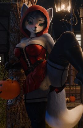 3d_(artwork) absurd_res anthro armwear basket black_armwear black_clothing black_footwear blue_body blue_ears blue_eyebrows blue_fur blue_hair blue_tail blush breasts canid canine clothed clothing container digital_media_(artwork) dress eyebrows female fingers footwear fox fur genitals hair halloween hand_on_leg hi_res holding_basket holding_container holding_leg holding_object holidays huge_filesize krystal_(star_fox) legwear mammal multicolored_body multicolored_fur nintendo no_underwear pumpkin_basket red_clothing red_dress smile solo star_fox street_lamp tail thigh_highs two_tone_body two_tone_fur two_tone_tail vulva white_body white_breasts white_fur white_tail yamimarik1994