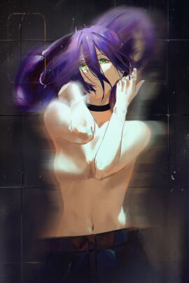 absurdres black_background black_choker bomb_devil_(chainsaw_man) breasts chainsaw_man choker closed_mouth female green_eyes hair_between_eyes highres kamiro_(kamin_r0) looking_at_viewer medium_breasts navel purple_hair reze_(chainsaw_man) solo topless_female