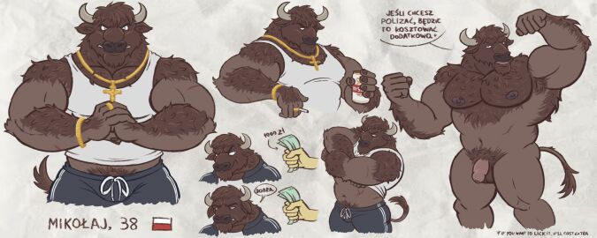 2024 alcohol anthro areola arm_flex arm_hair arm_tuft armpit_hair ass beverage bison black_nose body_hair bovid bovine bracelet brown_hair brown_nipples bulge chest_hair cigarette clothed clothing clothing_lift cross european_bison foreskin genitals gold_(metal) gold_jewelry hair hi_res horn jewelry jogging_pants looking_at_viewer male mammal money multicolored_hair muscle_shirt muscles muscular muscular_anthro muscular_male nanoff necklace nipples no_irises nude offering_money penis pink_penis raised_arm ring scar shirt shirt_lift shoulder_tuft simple_background solo tail tail_tuft teeth tongue topwear tuft two-tone_hair uncircumcised