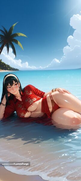 adult ai_generated anime_style beach bikini bikini_pull black_hair blush cameltoe cheating_view cleavage curvy digital_art earrings explicit feet feet_focus female floral_bikini from_below headband hi_res high_detail huge_breasts large_breasts legs_up long_hair low_angle lumenforge natural_breasts ocean outdoor palm_tree parted_lips pose pulled_aside pussy pussy_focus red_bikini red_eyes sand seated seductive shiny_skin soft_lighting soles solo spread_legs spy_x_family sunlight thick thick_thighs thigh_focus toes underboob wet_body yor_briar yor_forger