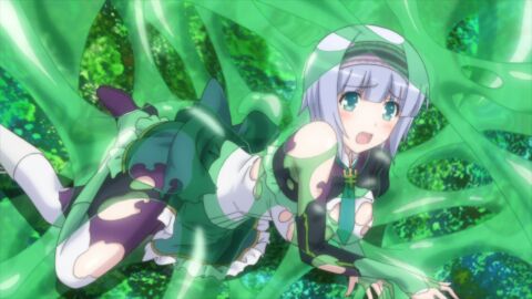 1girls breasts captured_female dissolving_clothes female isekai_wa_smartphone_to_tomo_ni. large_breasts laying_on_ground light_blue_hair linze_silhoueska restrained screencap short_hair slime slime_bondage slime_monster worried_expression
