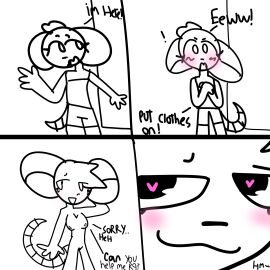 1:1 :3 anthro arlene_(catary) blush bottomwear catary clothing dialogue door duo female hand_behind_head heart_pupils hi_res long_tail mammal mouse murid murine nude rodent shirt shorts tail tank_top topwear