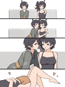 ahoge araragi_karen araragi_tsukihi baisebandaoti1 bare_shoulders barefoot black_camisole black_hair blush breasts brown_shorts camisole closed_mouth couch cowgirl_position crawling cuddling eye_contact female green_kimono hair_ornament heart hug humping implied_kiss incest japanese_clothes kimono knees_up leg_up long_hair looking_at_another lying lying_on_person medium_breasts monogatari_(series) obi on_couch parted_lips short_hair shorts side_by_side side_ponytail sisters smile straddling yuri