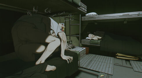 2boys ass bed bottomless commentary couple english_commentary english_text erection female folded highres indoors legs_up male male_masturbation masturbation mating_press moaning motion_blur multiple_boys multiple_males obj_shep original pale_skin penis pussy science_fiction shirt starfield stealth_masturbation straight t-shirt talking vaginal_penetration variant_set white_hair white_shirt