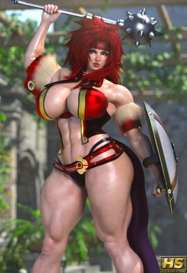 1girls 3d big_breasts breasts female female_only hagiwara_studio hammer high_resolution highres muscles muscular muscular_female queen's_blade red_hair risty shield tagme tattoo thick thick_thighs
