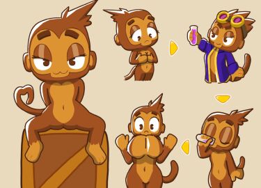 alchemist_monkey big_breasts big_thighs bloons_td_6 bloons_tower_defense breast_expansion breast_growth breast_growth_(enlargement) breasts brown_fur dart_monkey female glasses haplorhine monkey naked potion primate simple_background spread_legs tail