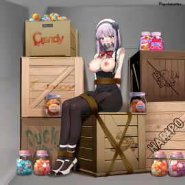 1girls arms_behind_back artist_name big_breasts blue_eyes bondage bound box breasts busty dagashi_kashi feet female female_only gag hairband high_heels highres improvised_gag large_breasts long_skirt looking_at_viewer medium_hair necktie nipples pantyhose purple_hair shidare_hotaru sitting skirt solo suspenders tape tape_gag torn_clothes wooden_box