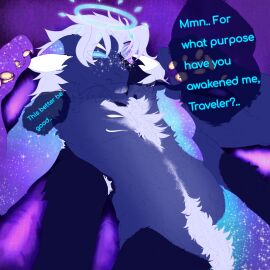 1boy armpit_hair blue_eyes body_hair chest_hair chest_tuft claws facial_hair furry furry_only halo happytrail keldu_(twoe) male monster multi_arm multi_eye multi_limb nyx_keldu_(twoe) oc original_artwork original_character pawpads ring solo solo_focus solo_male text the_world_of_erus viewer_perspective wedding_ring yellow_eyes