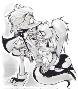 1boy 1girls 2024 2_penises 2d breasts cherri_bomb_(hazbin_hotel) cloaca clothing cyclops diphallia diphallism erect_penis erection female hair hat hazbin_hotel looking_at_another looking_pleasured male masturbation monochrome multi_genitalia multi_penis naga nipple_piercing nipples penis piercing rubbing_penis sir_pentious_(hazbin_hotel) smiling snake teeth text twiggietime vivienne_medrano wholesome