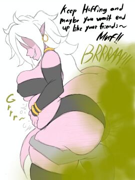 1girls android android_21 android_21_(evil) android_girl anon anonymous_character belly_button big_ass big_breasts big_butt breasts clothed cruel cruelty dragon_ball enjoying_farting enjoying_farts evil_grin evil_smile face_fart face_farting facefart facefarting fart fart_cloud fart_fetish fart_in_face fart_torture farting farting_in_face farting_on_another fat_ass fat_butt female femdom forced_to_sniffing full_belly huge_ass huge_butt implied_vore nightmaresfd simple_background threatening vore