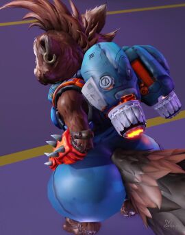 2025 3d_(artwork) 3d_animation 4_fingers animated anthro ass big_butt black_nose blue_bottomwear blue_clothing blue_pants blue_topwear bottomwear brown_body brown_fur brown_hair clothed clothed_anthro clothed_male clothing digital_media_(artwork) ear_piercing empty_eyes english_description explosion fangs fingers fluffy fluffy_tail fur gesture gloves guardians_of_the_galaxy hair hand_gesture handwear hi_res jet_pack looking_back male mammal marvel marvel_rivals mohawk no_sound orange_clothing orange_gloves orange_handwear pants piercing procyonid raccoon rear_view red_eyes rocket_raccoon rocket_raccoon_(marvel_rivals) solo spiked_gloves spikes tagme tail tail_motion tailwag teeth thumbs_up tongue tongue_out topwear video willie_piv