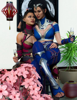 2girls 3d bisexual bisexual_female black_hair celebration champagne clone drinking edenian female female_only fingerless_gloves flower hand_on_head hand_on_thigh head_pat implied_incest kitana kitana_(new_era) kiteena long_hair mileena mileena_(new_era) mortal_kombat mortal_kombat_1_(2023) princess rayalterego23 royalty seductive_look seductive_smile sisters sitting_on_knee sitting_on_lap straddling toes twincest twins yuri