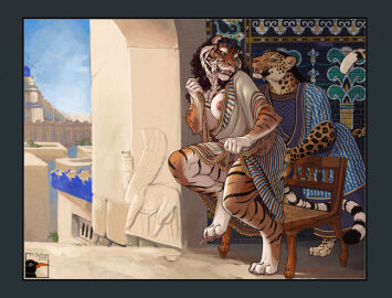 2021 4_toes 5_fingers anthro antiquity archway areola ass babylonian babylonian_mythology big_areola big_breasts biped blue_eyes breasts building butt_grab chair checkered checkered_clothing cheek_tuft chest_tuft city city_background cleavage clothed clothed_anthro clothed_male clothing clothing_lift curly_hair dated day detailed_background digitigrade dress dress_lift duo facial_tuft fangs feet felid feline fingers flashing flashing_breasts flashing_penis fur furaffinity furniture futa/male futa_anthro futanari genitals grope hair hand_on_another's_butt hand_on_butt heskynn highlights_(coloring) house huldra_(huldratigress) humanoid_genitalia humanoid_penis intersex intersex/male intersex_anthro leopard leopard_boy leopard_ears leopard_humanoid leopard_print leopard_spots leopard_tail light long_hair long_taglist male male_anthro mammal markings mesopotamia mesopotamian_mythology middle_eastern_architecture middle_eastern_clothing middle_eastern_mythology mythology narrowed_eyes nipple_piercing nipple_ring nipple_slip nipples nonbinary_(lore) on_one_leg open_mouth open_smile orange_body orange_fur ornate_furniture pantherine partially_clothed partially_clothed_anthro partially_clothed_futa pattern_clothing pawpads penis piercing pink_areola pink_nipples pink_pawpads prostitution purple_highlights relief_sculpture ring_(marking) ring_piercing ringed_tail ruff scenery sculpture shirt signature sky smile spots spotted_body spotted_fur spotted_markings spotted_tail standing striped_body striped_clothing striped_fur striped_markings striped_tail stripes sumerian sunlight tag_panic tail tail_markings tan_body tan_fur teeth tiger tiger_ears tiger_humanoid tiger_print tiger_stripes tiger_tail tile tile_wall toes too_many_tags topwear trans_(lore) tuft tunic tunic_lift wall_(structure) whiskers wood wood_chair wood_furniture ziggurat