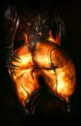 1girls 3d ass ass_focus ass_grab big_ass blender blender_(artwork) blender_cycles digital_extremes ember_(warframe) ember_heirloom_(warframe) female female_only glowing_body grabbing_own_ass high_resolution highres humanoid rekkakun solo spread_anus warframe