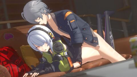 1boy 1girls 3d anby_demara ass clothed_sex couch gloves grey_hair jacket moaning nude orange_eyes partially_nude petite pleasure_face prone_bone sansonnsfw sex sex_from_behind socks vaginal_penetration white_hair wise_(zenless_zone_zero) zenless_zone_zero