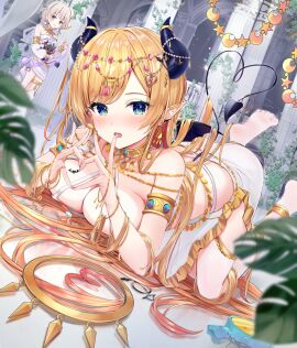 2girls blonde_hair demon_tail demon_wings female hololive hololive_dev_is hololive_gen_2 hololive_japan hololive_regloss horns jewelry long_hair lying_on_stomach miomaru pointy_ears prone tail todoroki_hajime veil very_long_hair virtual_youtuber vtuber yuzuki_choco