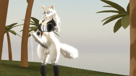 3d ass balls ballsack black_bra black_hands black_nipples blue_eyes blue_sunglasses breasts cum cum_drip cum_dripping_from_penis erection fox_ears furry furry_futa furry_only futa_masturbation futanari hand_on_breast hand_on_cock hand_on_penis horsecock intersex large_ass massive_breasts massive_cock massive_penis muzzle original_character penis solo source_filmmaker source_filmmaker_(artwork) tail thick_thighs white_body white_ears white_fur white_tail