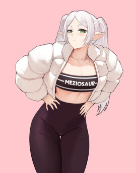 1girls alternate_costume artist_name bandeau black_pants blush breasts clothes_writing cowboy_shot elf elf_ears female frieren green_eyes hands_on_hip hands_on_own_hips jacket leaning_forward leggings long_sleeves looking_at_viewer meziosaur midriff open_clothes open_jacket pants petite pink_background pointy_ears puffy_jacket simple_background small_breasts solo sousou_no_frieren sports_bra standing strapless thick_eyebrows thighs tube_top tubetop twintails upper_body white_clothing white_hair white_jacket