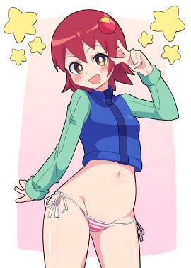 absurdres bikini bikini_bottom_only blue_shirt blush brown_eyes buzzlyears female hair_ornament highres looking_at_viewer mayl_sakurai mayl_sakurai mega_man mega_man_(series) mega_man_battle_network paid_reward_available red_bikini red_hair shirt side-tie_bikini_bottom simple_background solo striped_bikini striped_clothes swimsuit v white_bikini