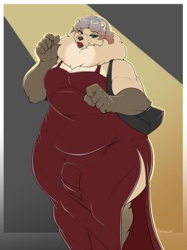 bear clothed clothing crossdressing dress dress_bulge handbag hi_res lipstick makeup male mammal mature_male nightfaux solo thigh_up