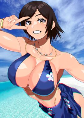 1girls akisu_k alluring alternate_breast_size asian asian_female beach big_breasts bikini bracelet breasts brown_hair cleavage collarbone female japanese_female jewelry kazama_asuka large_breasts looking_at_viewer namco necklace sarong sideboob smile swimsuit teeth tekken tomboy water