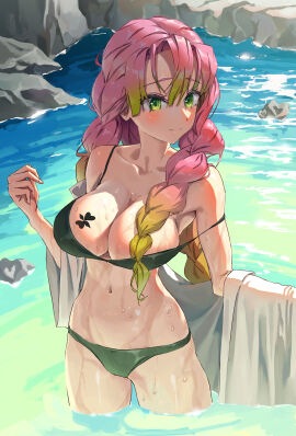 bare_arms bare_belly bare_legs bare_shoulders bare_thighs belly_button big_breasts bikini black_bikini blush body_blush breast_tattoo breasts cleavage closed_mouth collarbone demon_slayer female green_eyes hair_censor jhigf kanroji_mitsuri kimetsu_no_yaiba long_hair multicolored_hair onsen outdoors partially_submerged smile strap_slip thighs twin_braids wet_body