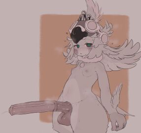 balls blue_eyes blush_stickers body_fur brown_background completely_nude core_crystal_(xenoblade) female finch_(xenoblade) flat_chest furry furry_female futanari goggles goggles_on_head green_hair gyoen_(gyogyogyoen) heart heavy_breathing highres intersex large_penis looking_at_viewer nipples nude open_mouth penis solo testicles two-tone_background xenoblade_(series) xenoblade_chronicles_(series) xenoblade_chronicles_2